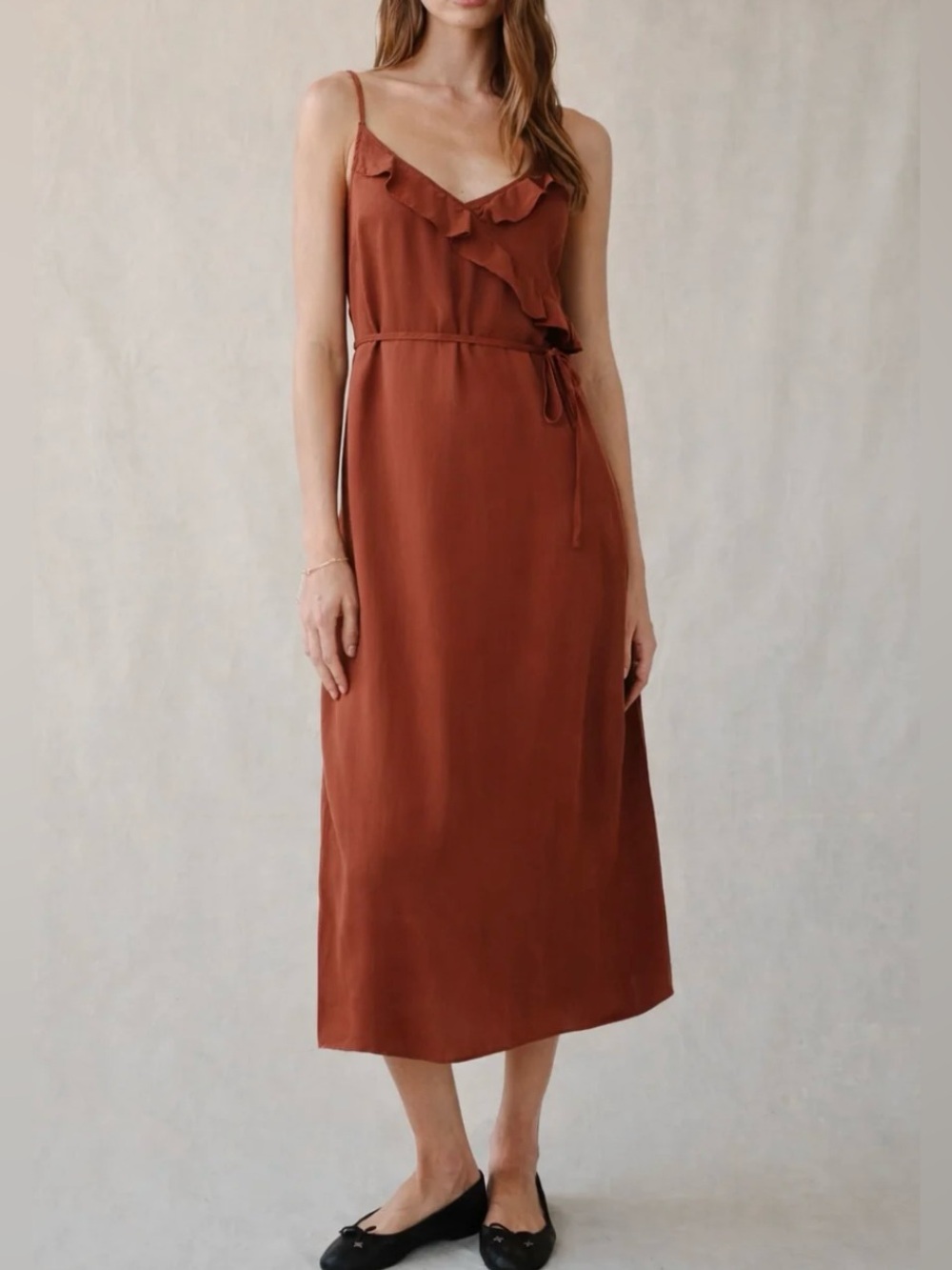 Bella Dahl Ruffle Cami Midi Dress Terracotta Rust Brown Red Tencel L